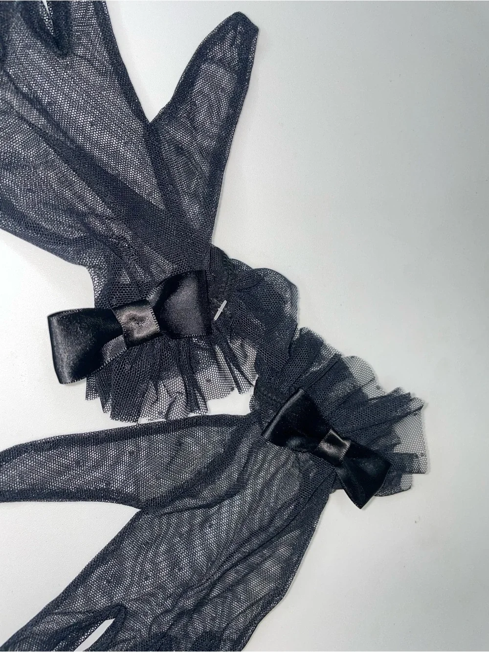 Victoria's Secret Black Sheer Lace Wrist Gloves with Ruffle & Bow